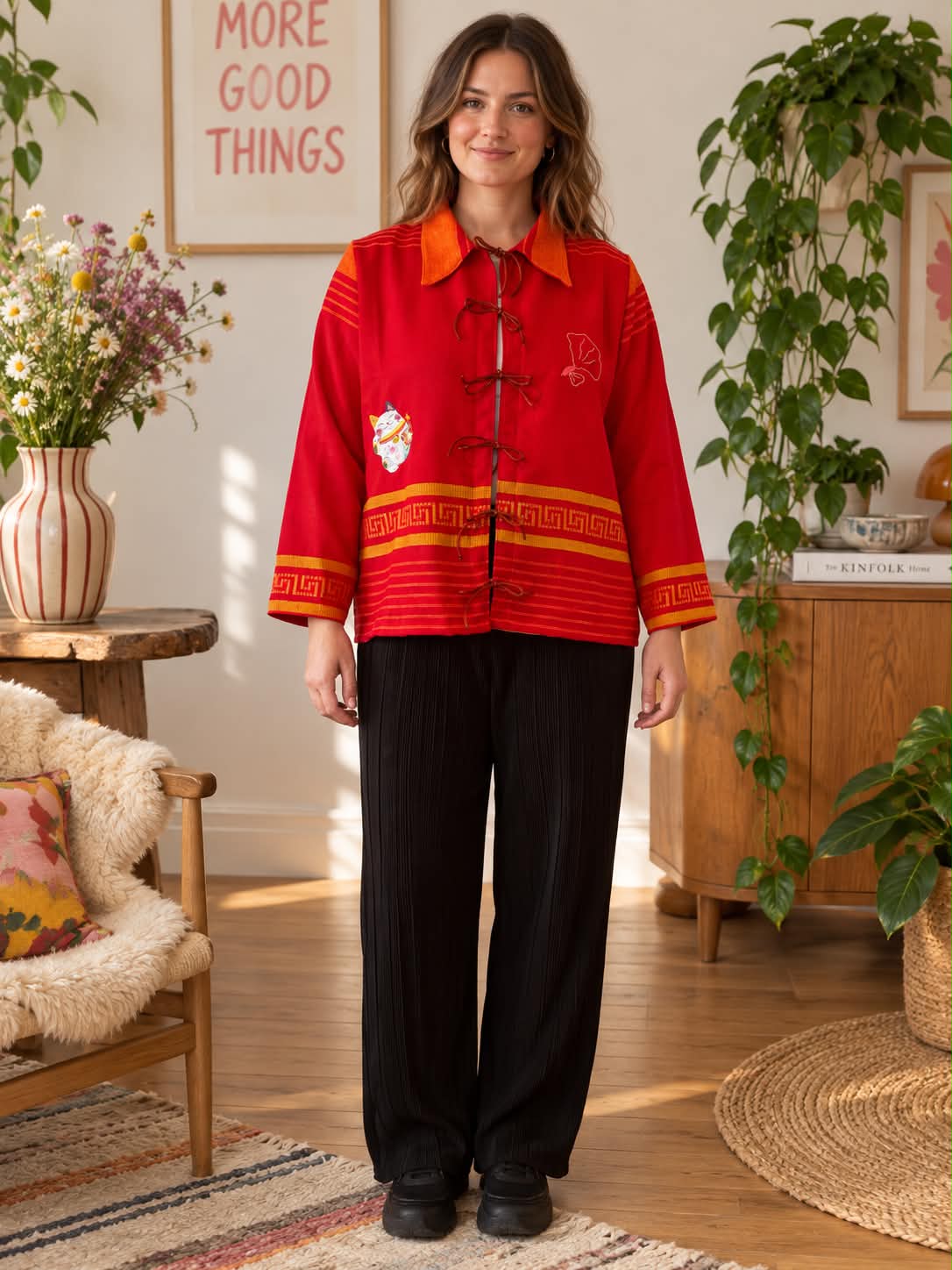Red Kimono-Inspired Upcycled Jacket – One of a Kind