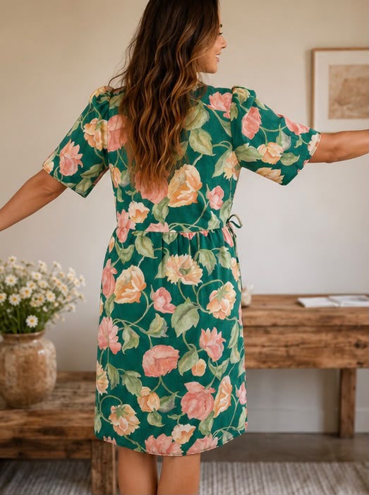 Wrap Dress - Green Flowers