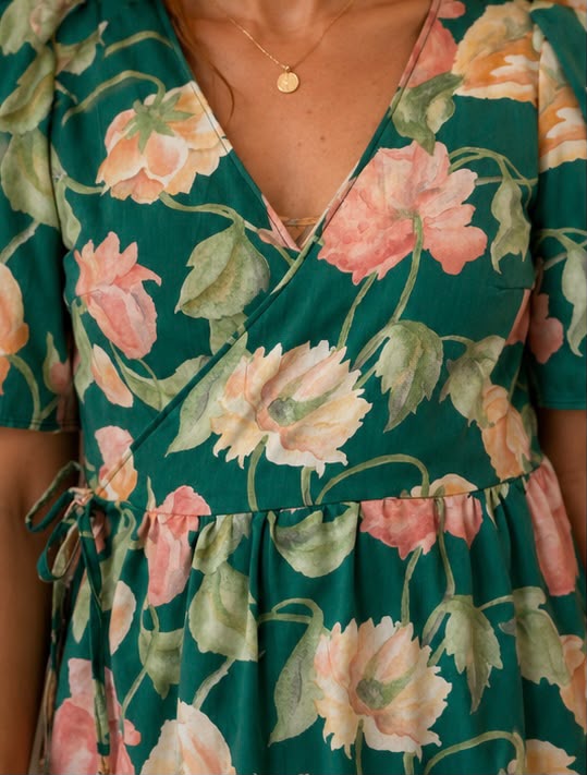 Wrap Dress - Green Flowers