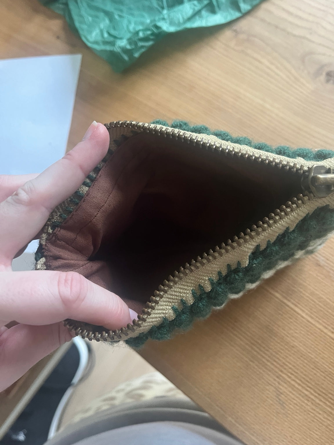 Forest Green & Cream Textured Zip Pouch — additional view