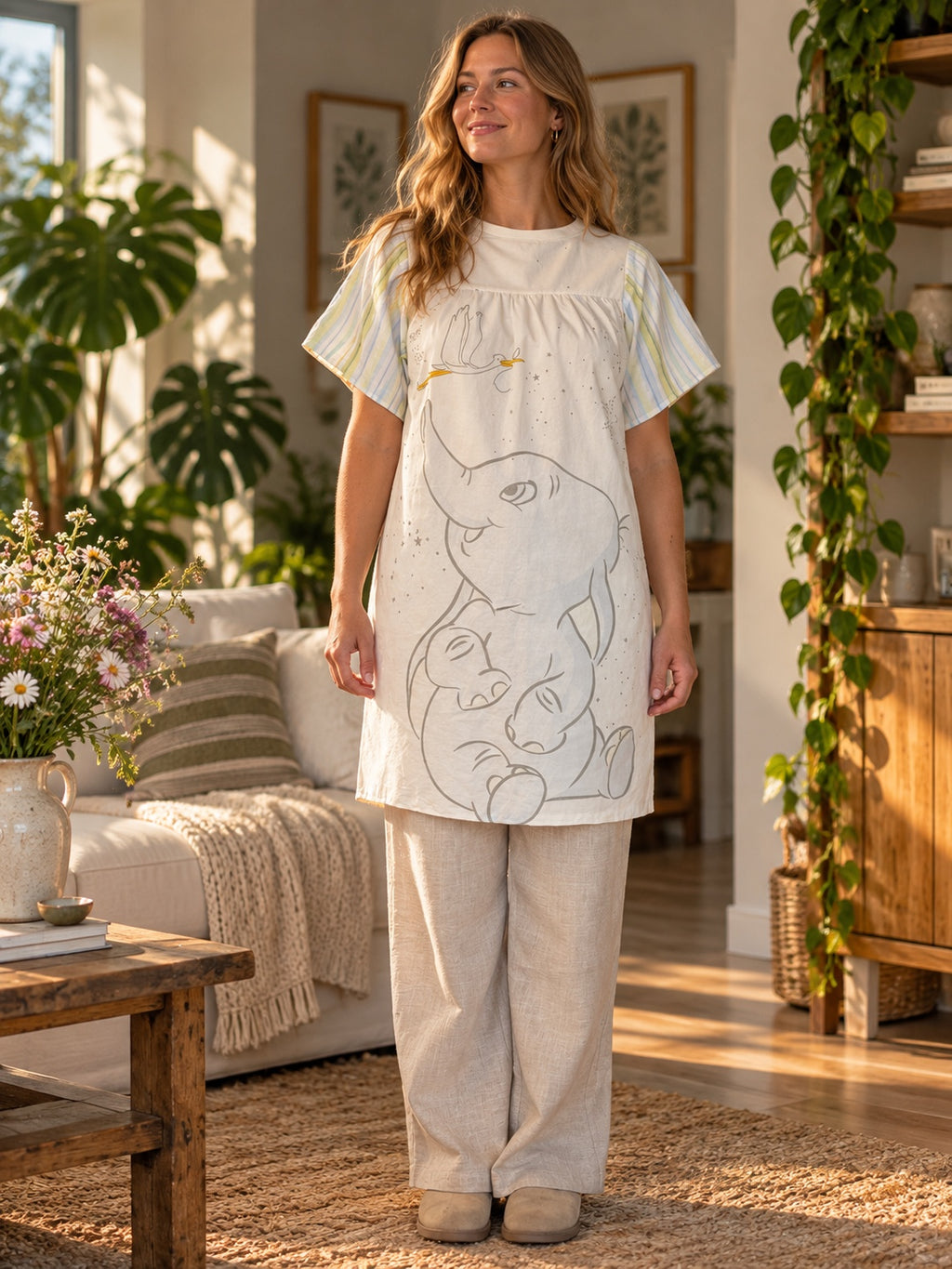 Front view of elephant-print tunic with pastel striped sleeves