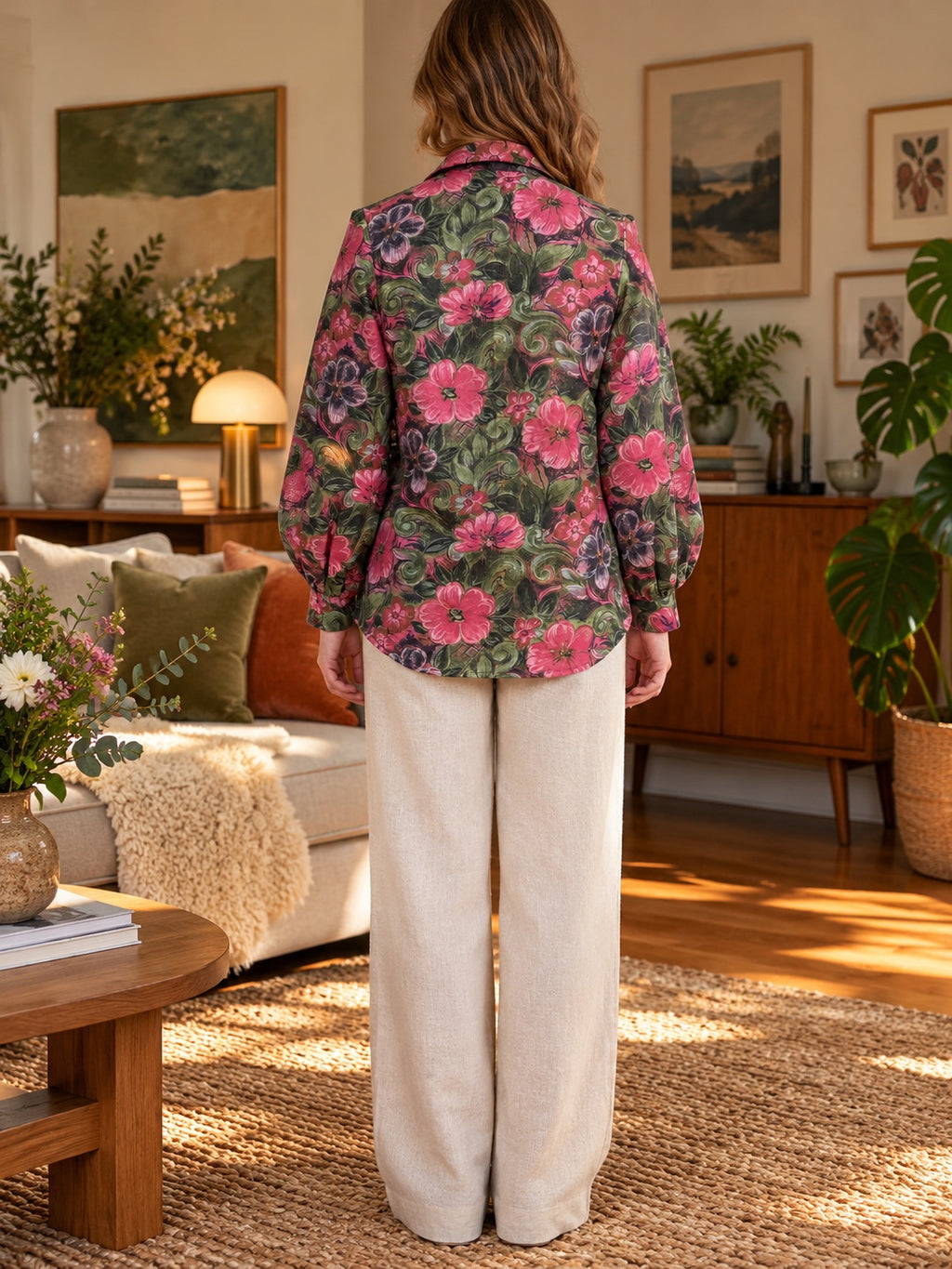 Back of dark floral appliqué shirt
