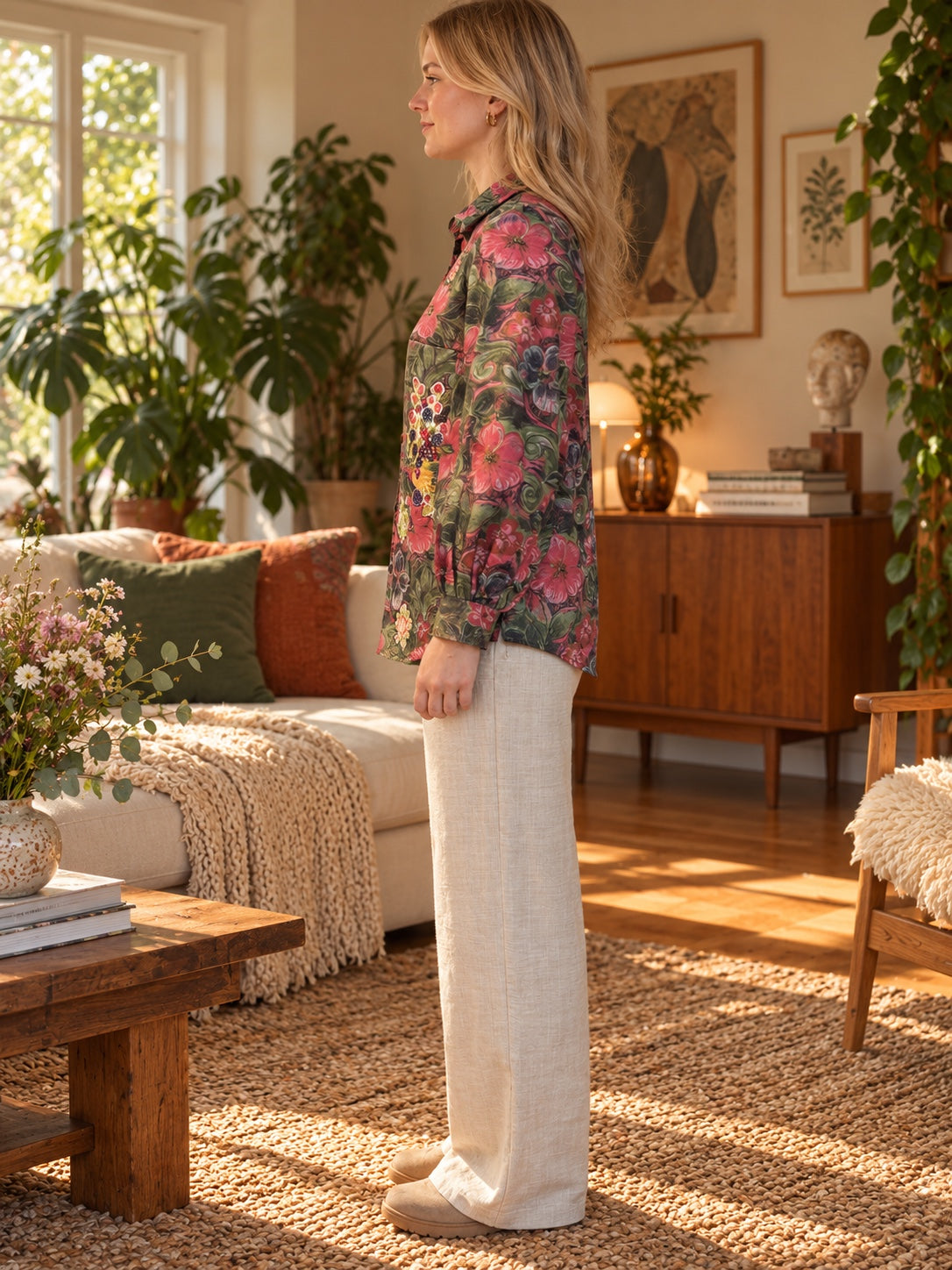 Side view of dark floral appliqué shirt