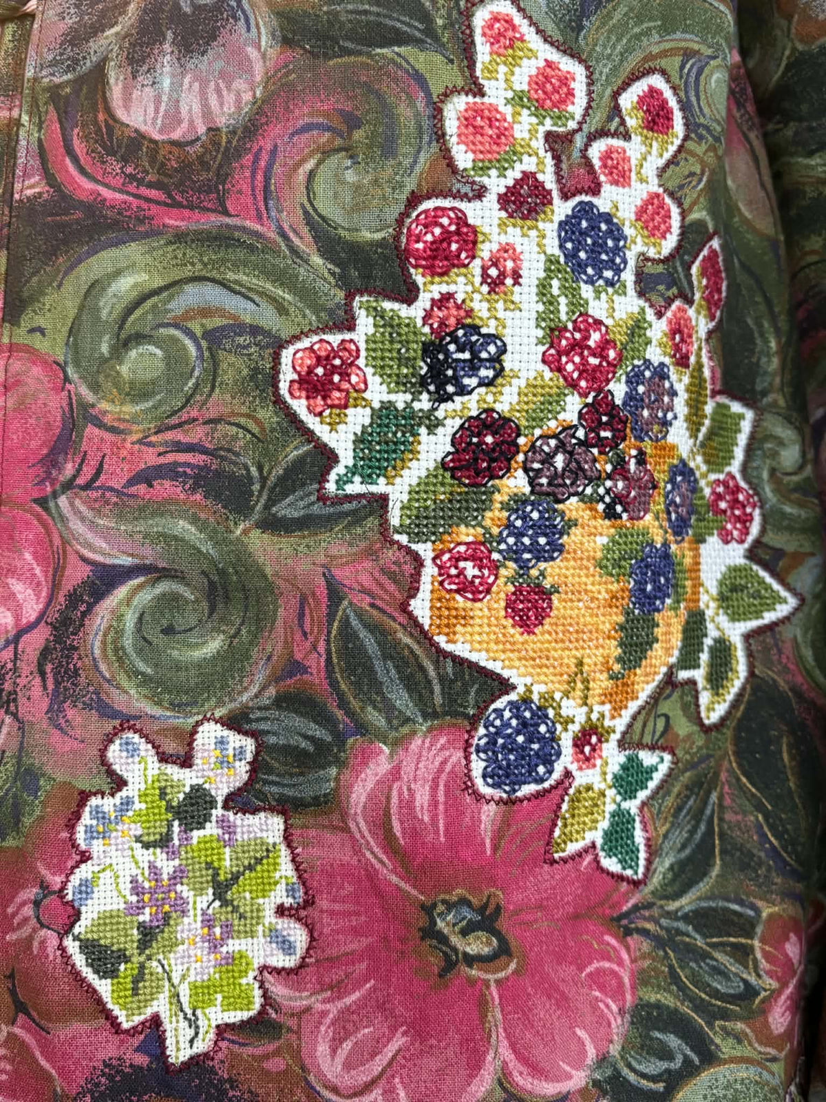 Close-up of embroidered flower-basket appliqués