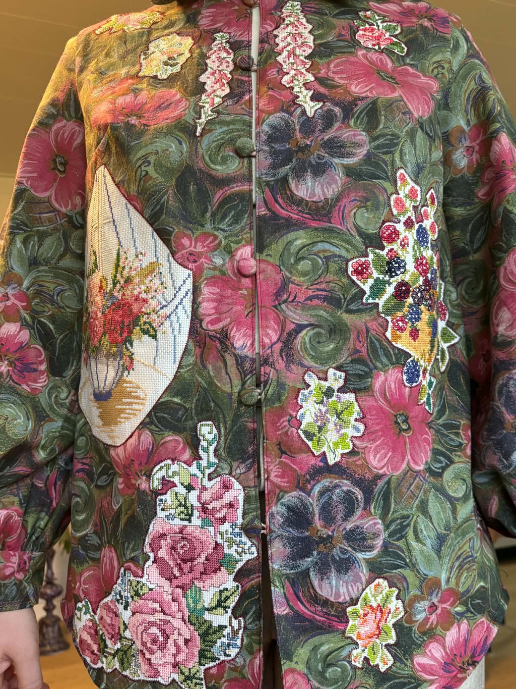 Floral appliqué shirt button front and embroidery