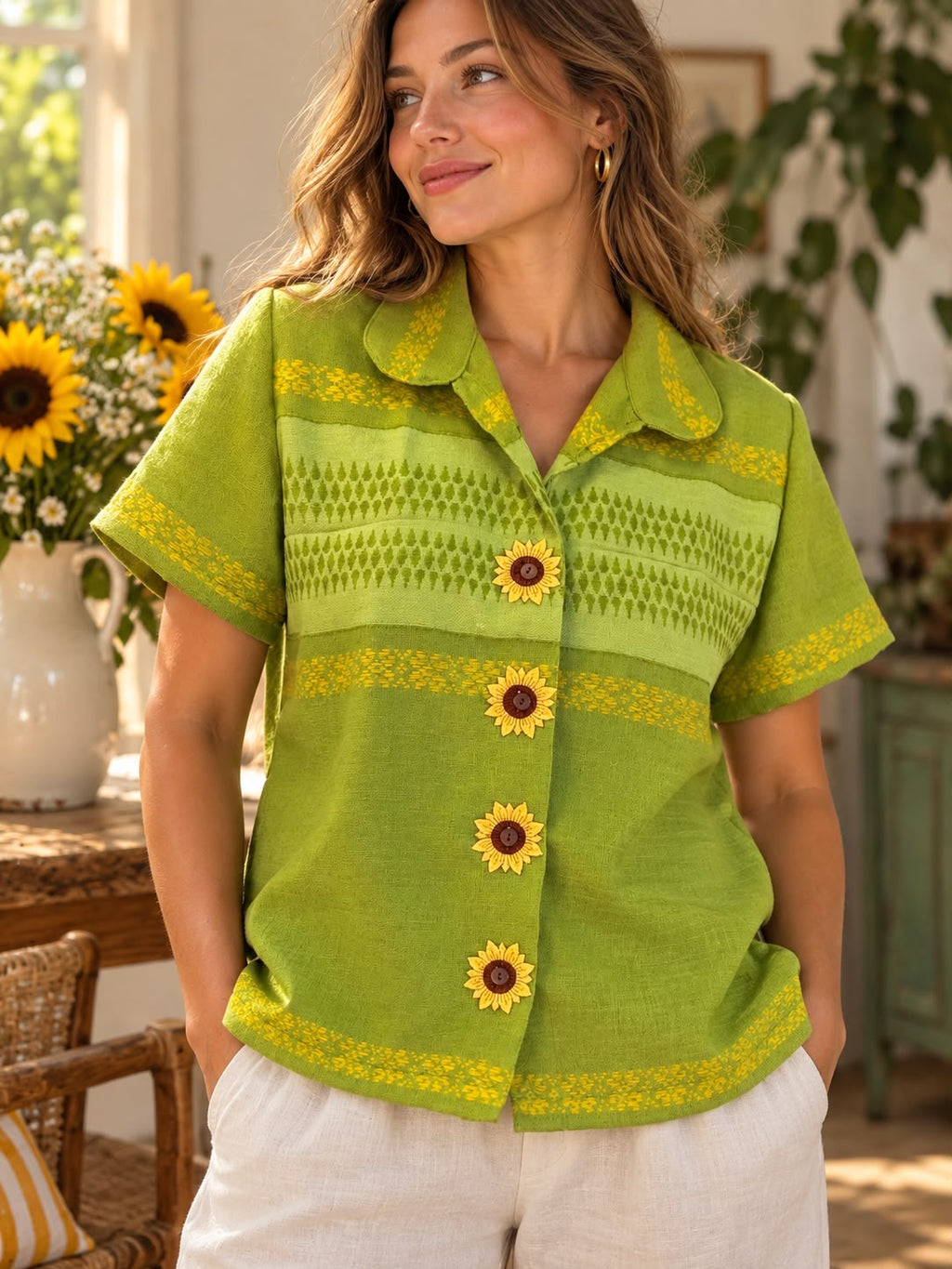 Green shirt with sunflower buttons, front detail