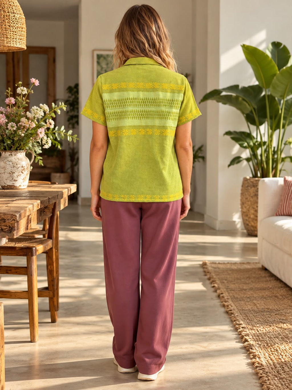 Green short-sleeved shirt, back view