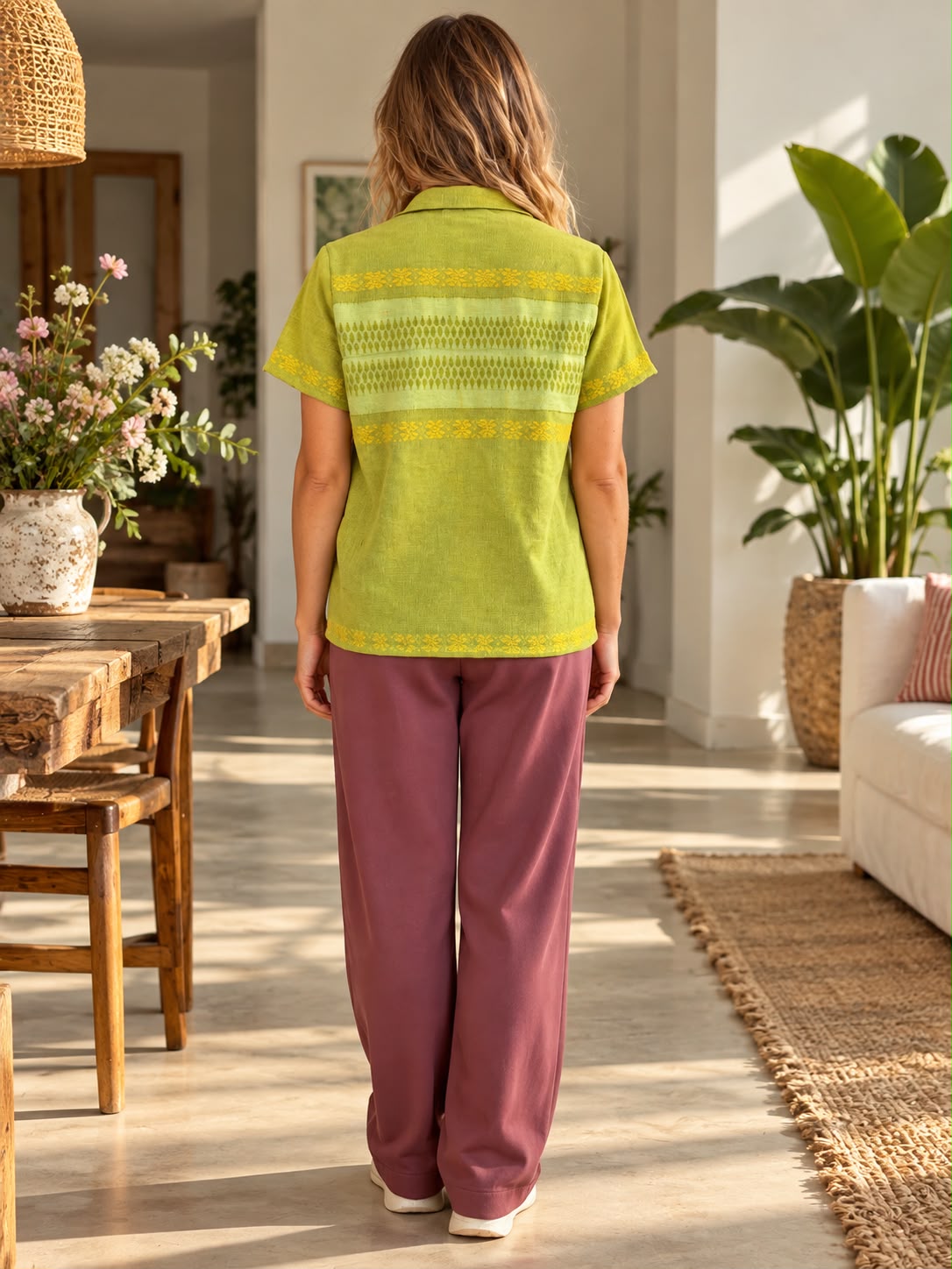 Green short-sleeved shirt, back view