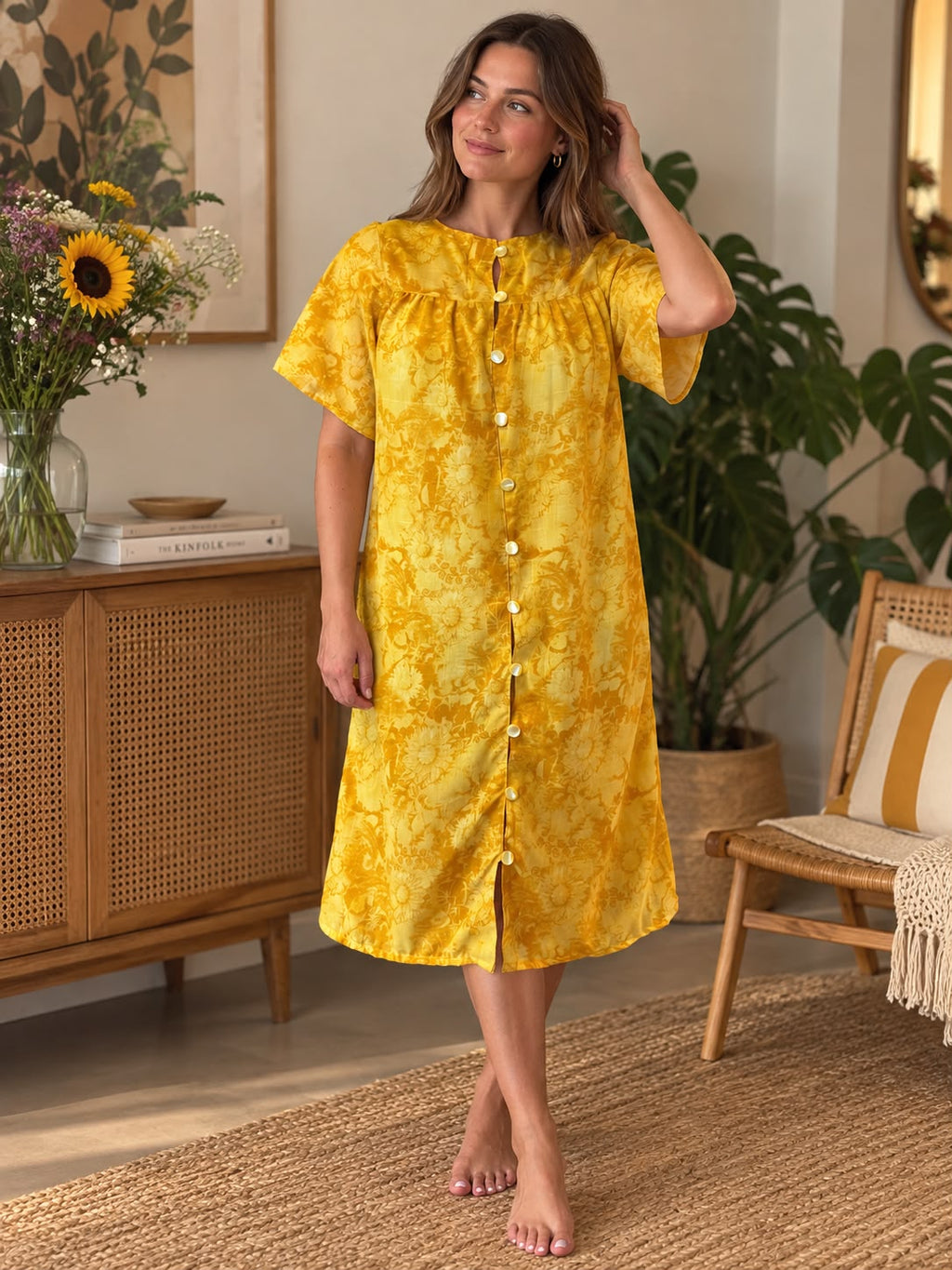 Golden Yellow Floral Button-Front Dress — front view