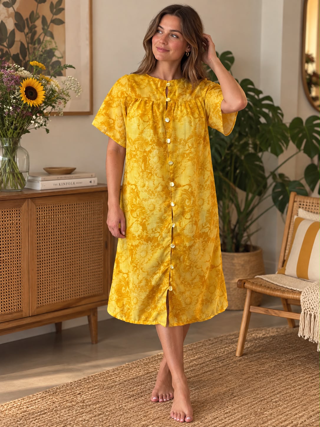 Golden Yellow Floral Button-Front Dress — front view
