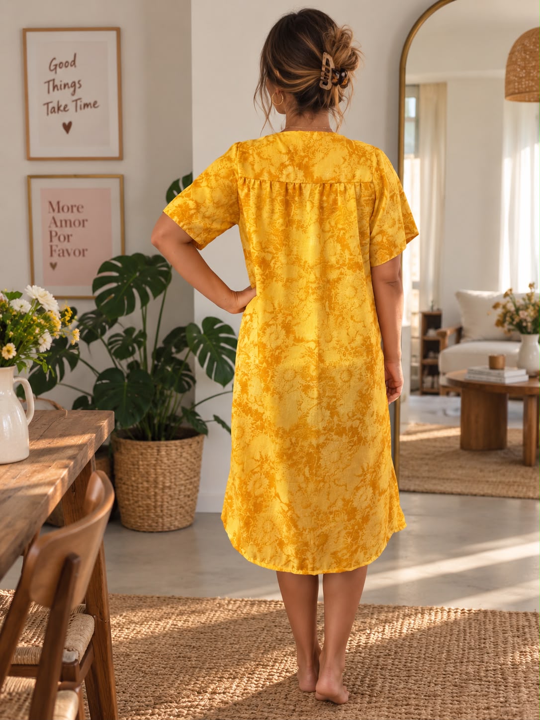 Golden Yellow Floral Button-Front Dress — additional view 1