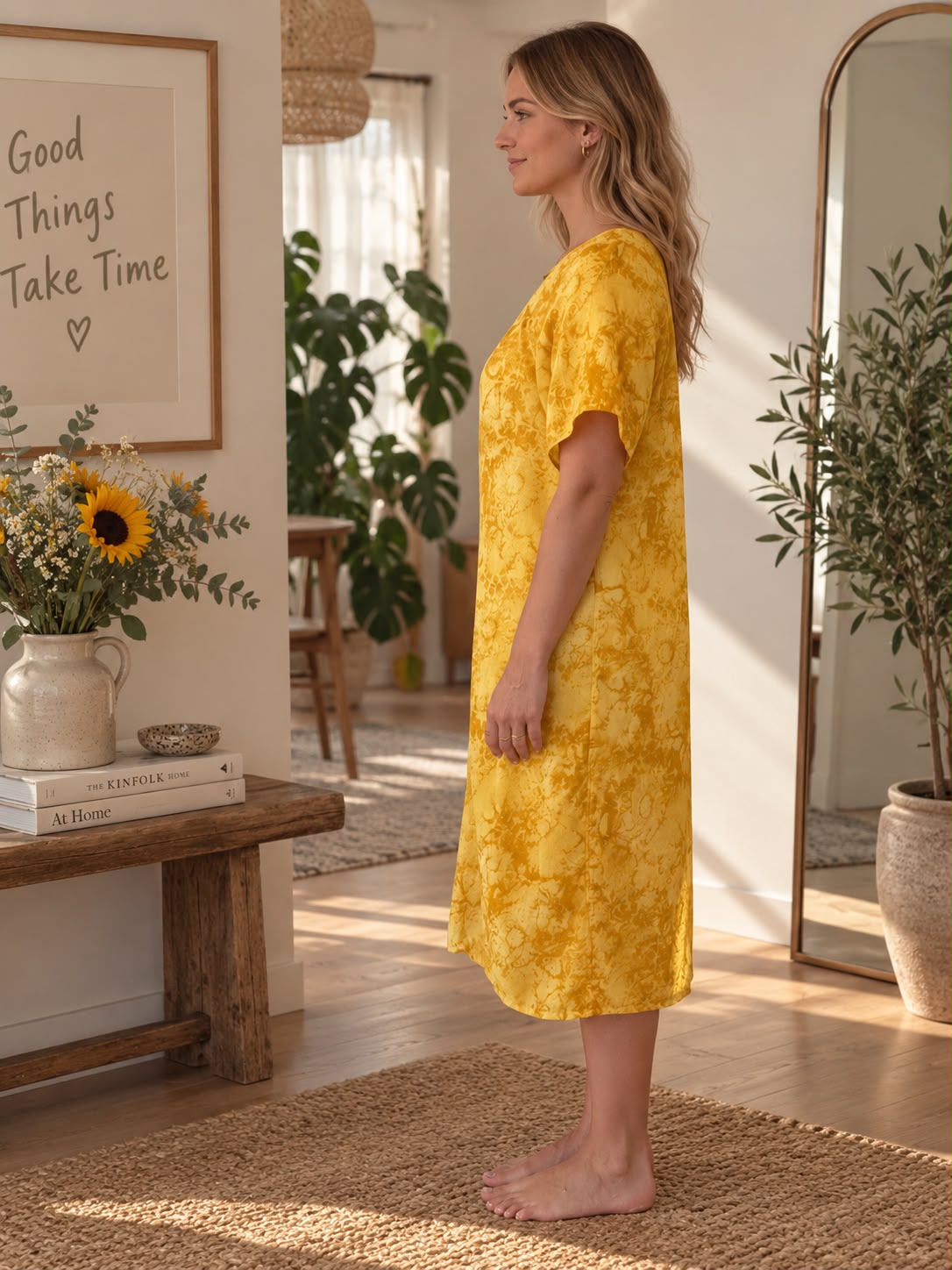 Golden Yellow Floral Button-Front Dress — additional view 2