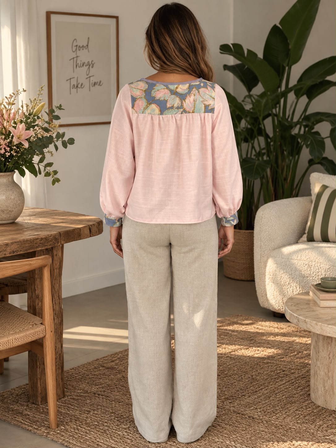 Pink Blouse with Floral Contrast Details — additional view 2