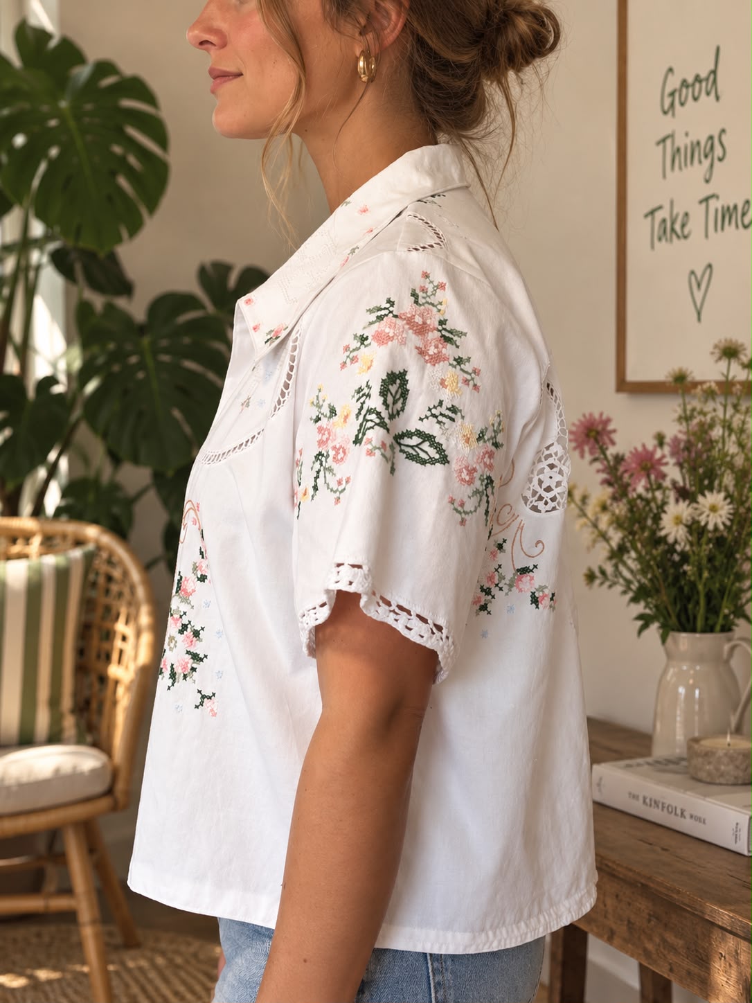 White Floral Embroidered Cutwork Shirt — additional view 2