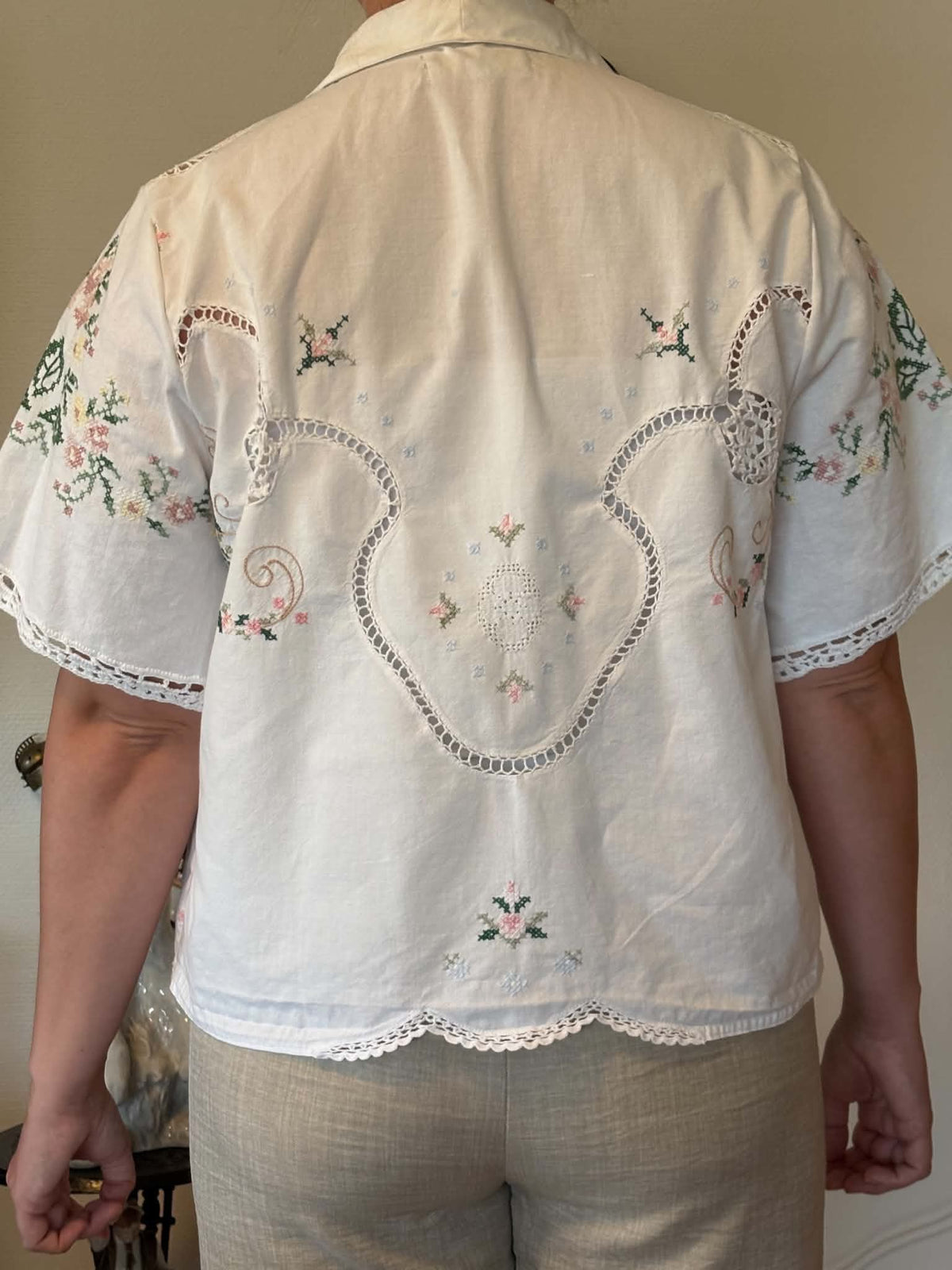 White Floral Embroidered Cutwork Shirt — additional view 3