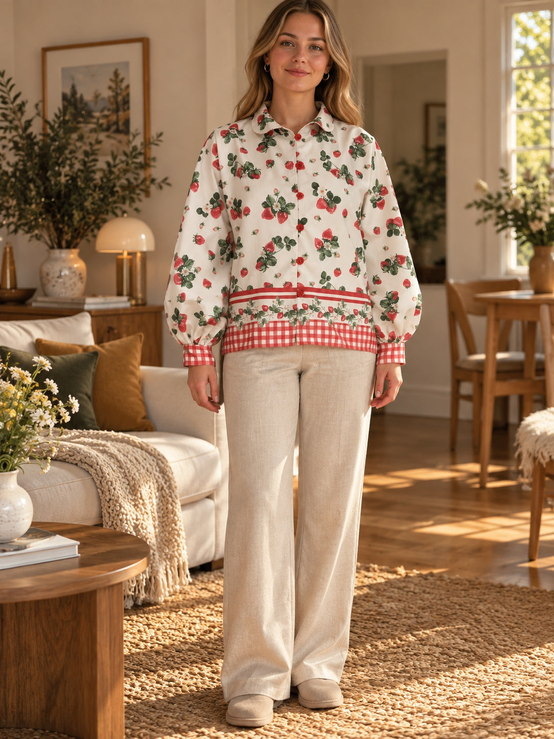 Front of strawberry shirt with gingham cuffs and hem
