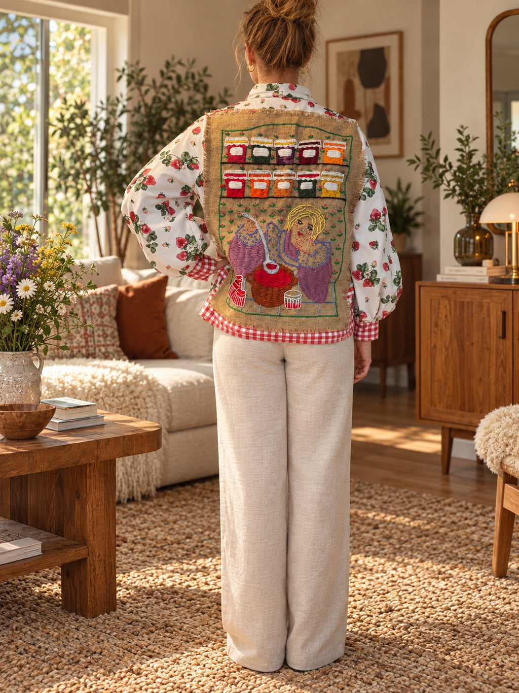 Back of strawberry shirt with embroidered kitchen scene